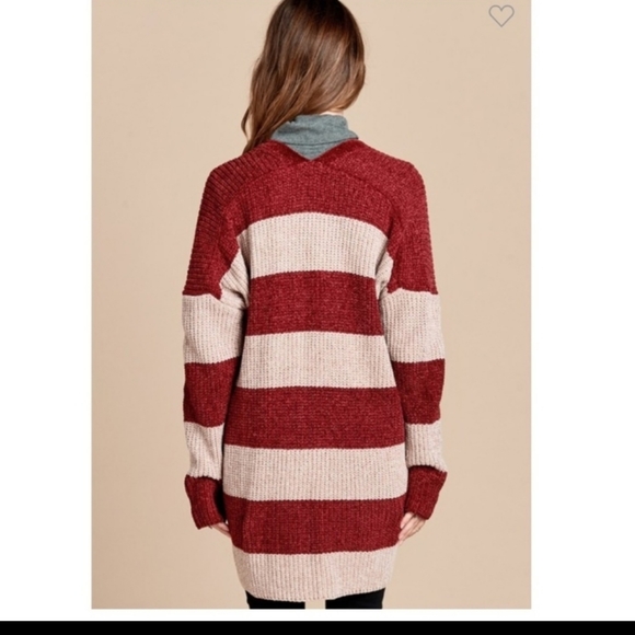 ODDY Taupe/Burgundy Stripe Cardigan Sweater - Picture 5 of 11